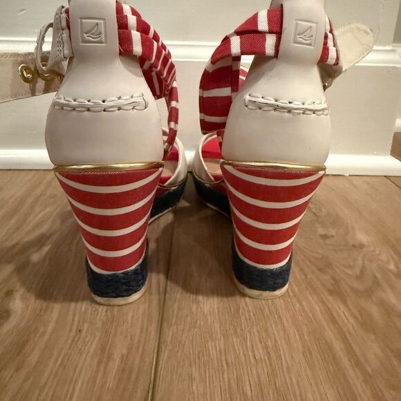 Sperry Red and White Nautical Wedge Sandals - Picture 4 of 5